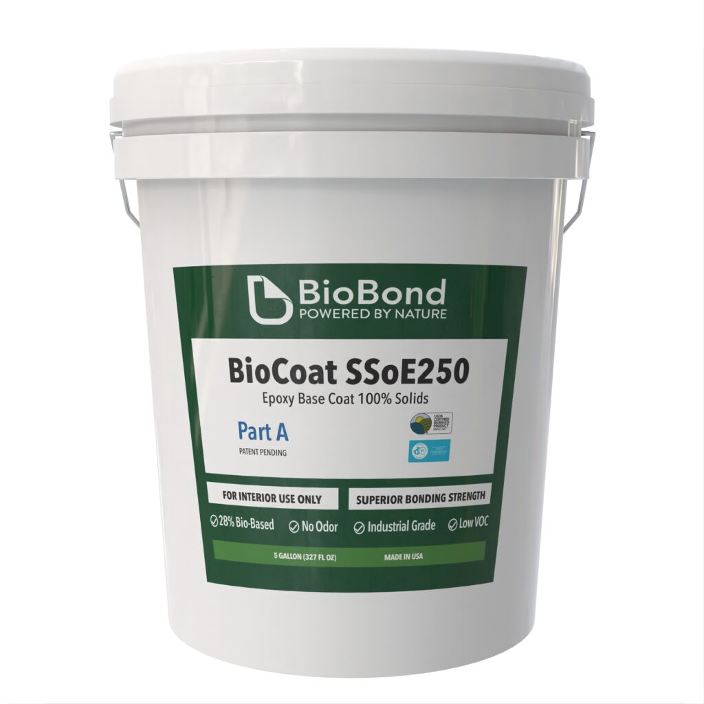 BioBond BioCoat SSoE250 100% solids epoxy base coat in a white 5-gallon pail, engineered to create a seamless, durable surface for high-traffic environments.