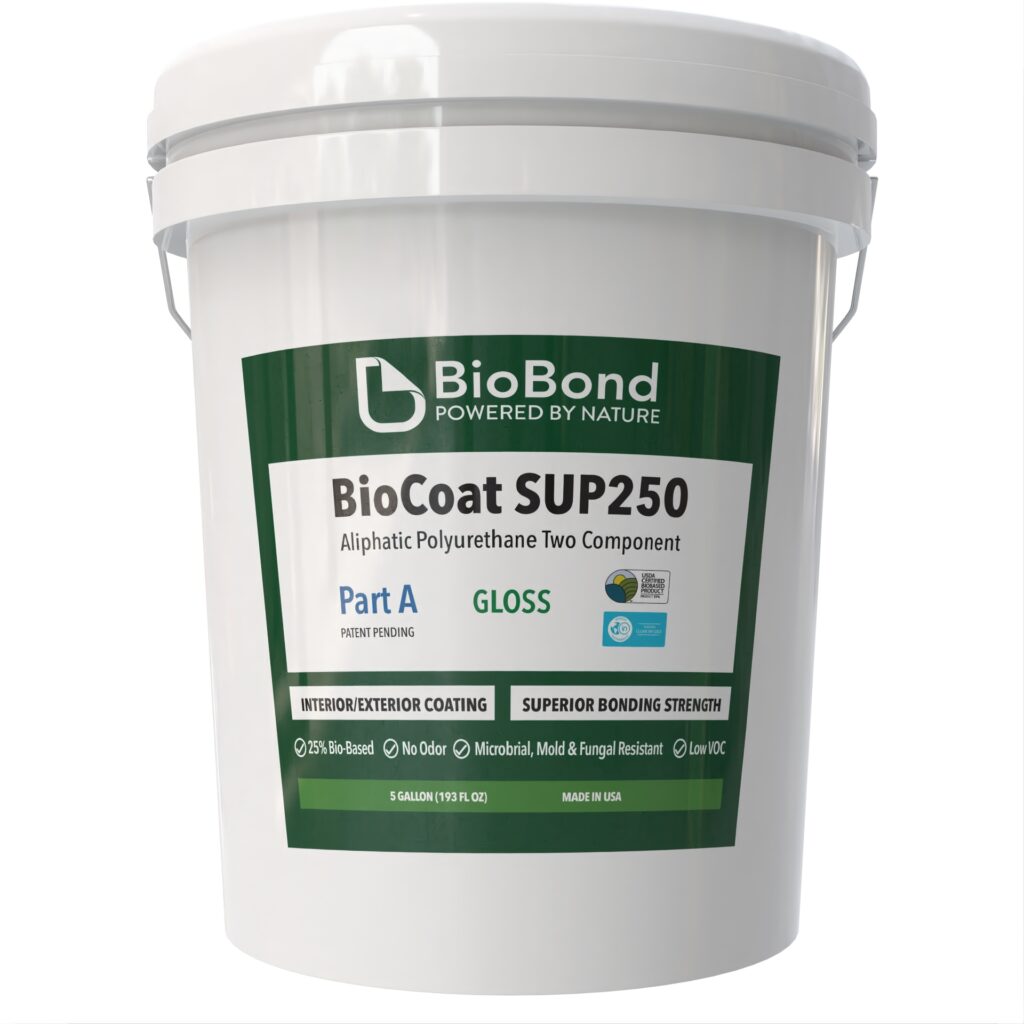 BioBond BioCoat SUP250 aliphatic polyurethane protective coating in a white 5-gallon pail, formulated to provide abrasion resistance and antimicrobial surface protection.
