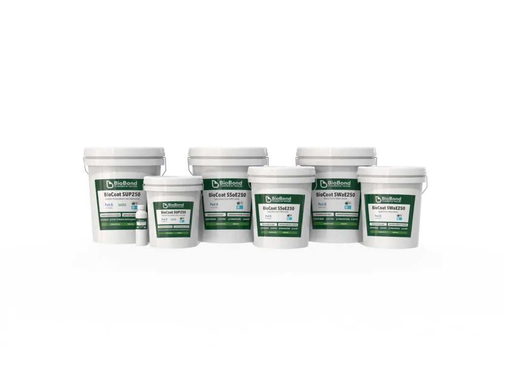 Full BioBond BioCoat product lineup featuring multiple petroleum-free protective coating systems designed for industrial floor and surface durability across facility environments.