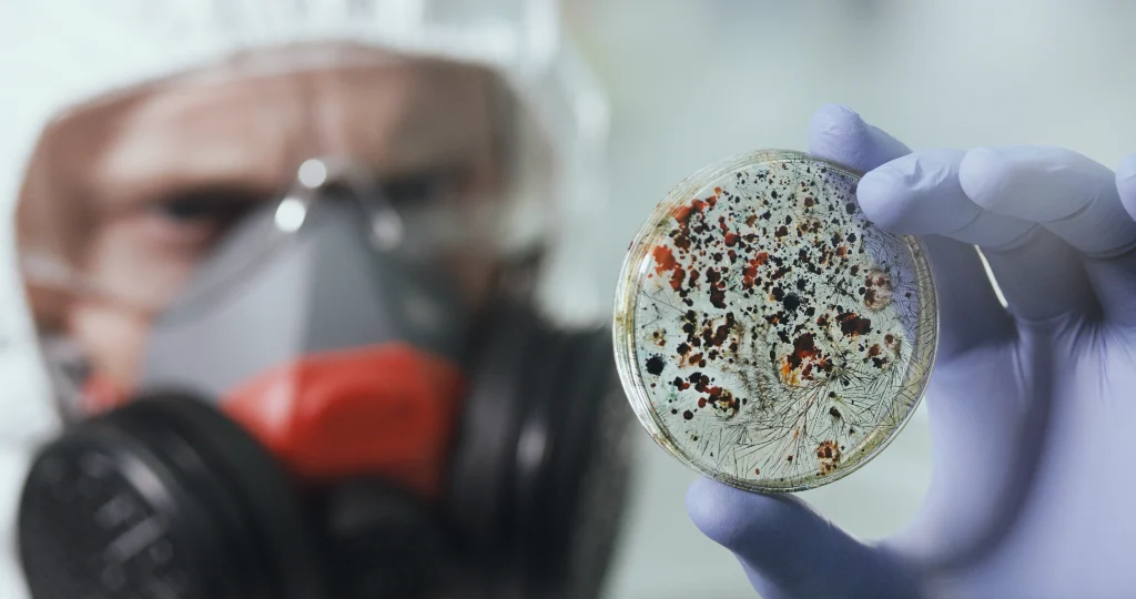 Laboratory technician holding a petri dish with visible microbial growth, illustrating contamination pathways caused by degraded or porous coatings.