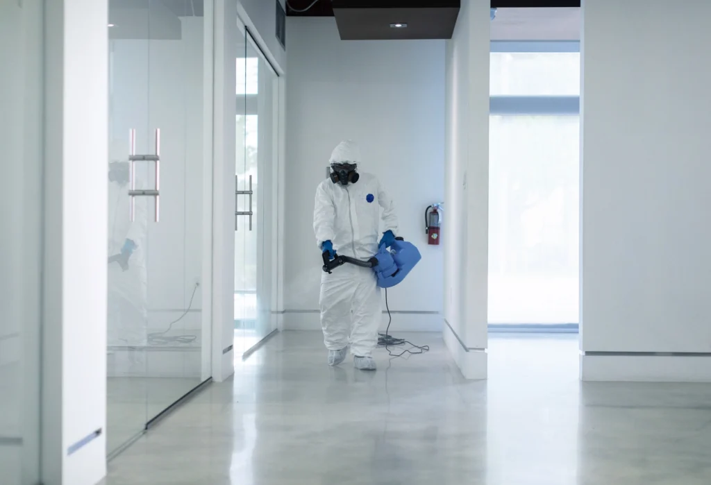 Worker in protective gear fogging a commercial interior space, representing sanitation protocols that can accelerate coating degradation if materials lack chemical resistance.