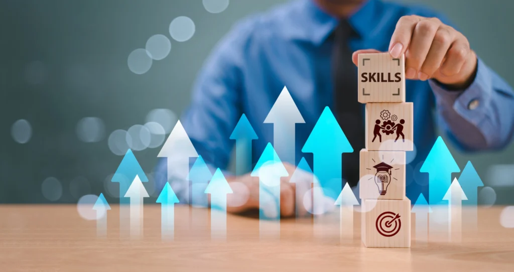 Upward arrows and stacked blocks labeled skills, illustrating how labor efficiency and workforce performance contribute to improved coating system ROI.