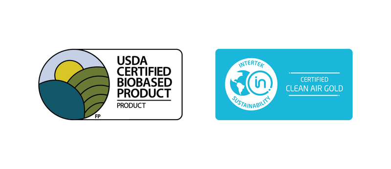 USDA Certified Biobased Product and Intertek Certified Clean Air Gold certification badges