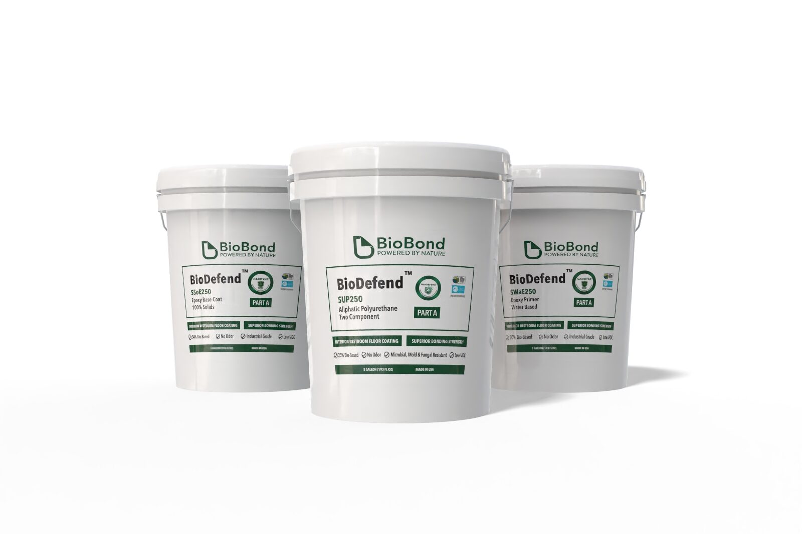 BioDefend™ protective coating containers designed for public restroom floor coatings that resist moisture, microbial growth, and long-term wear