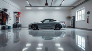 Modern residential garage featuring a smooth, reflective garage floor coating designed for durability, abrasion resistance, and long-term performance.