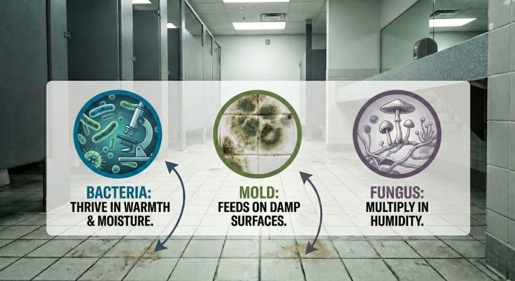 Illustration showing bacteria, mold, and fungus thriving on damp public restroom floors, demonstrating contamination risks addressed by public restroom floor coatings