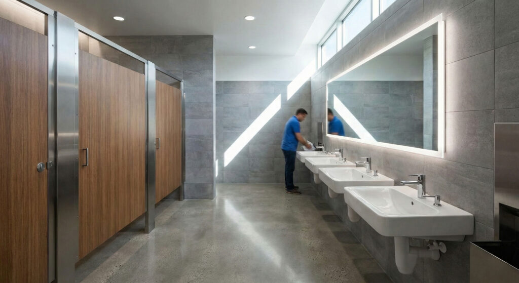 Modern public restroom interior illustrating enclosed space where flooring materials and cleaning chemicals impact indoor air quality and surface safety