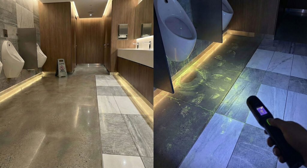 Comparison of public restroom floors showing visible cleanliness versus contamination detected under UV light, emphasizing the importance of antimicrobial floor coatings