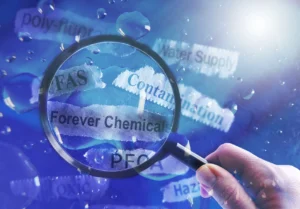 Magnifying glass highlighting the words “PFAS” and “Forever Chemicals,” symbolizing chemical migration and contamination risks associated with conventional coating systems.