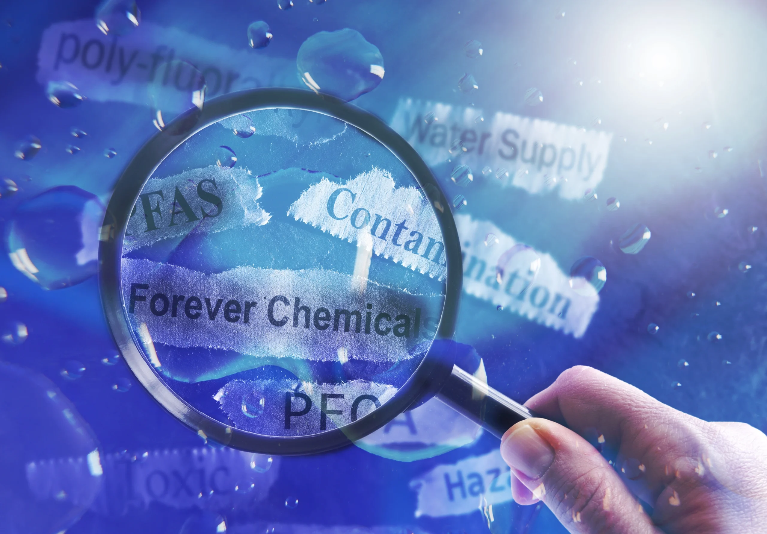 Magnifying glass highlighting the words “PFAS” and “Forever Chemicals,” symbolizing chemical migration and contamination risks associated with conventional coating systems.